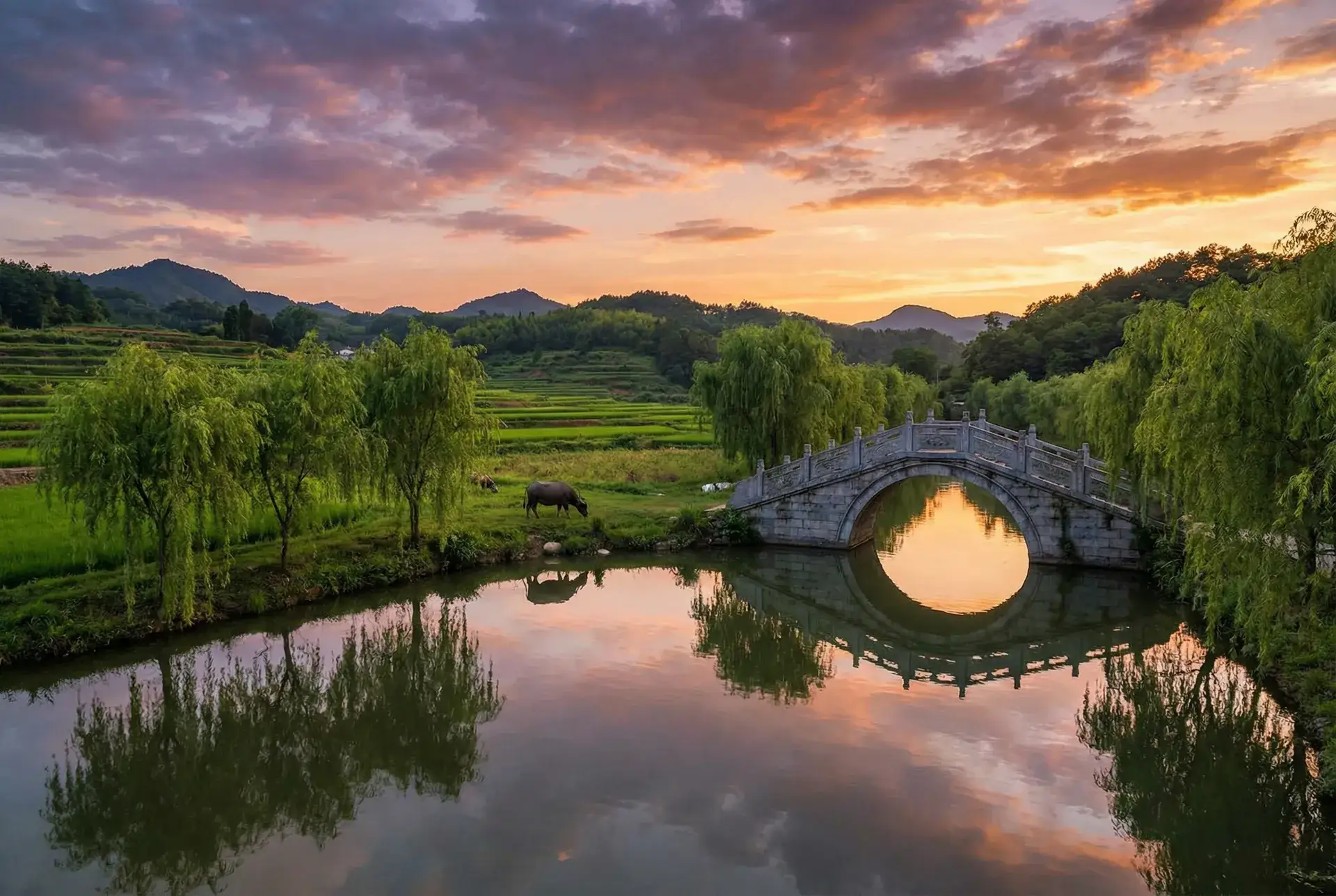 夕阳下的石拱桥与垂柳，水牛在河边吃草 - 差差很疼App大全免费 乡村美景